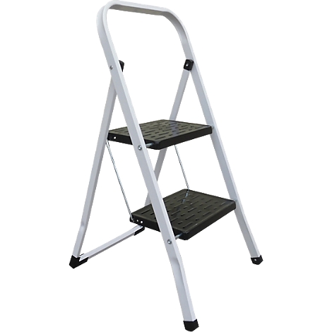 Klappbare, weisse Trittleiter mit zwei schwarzen Stufen. Ein Handgriff oben.