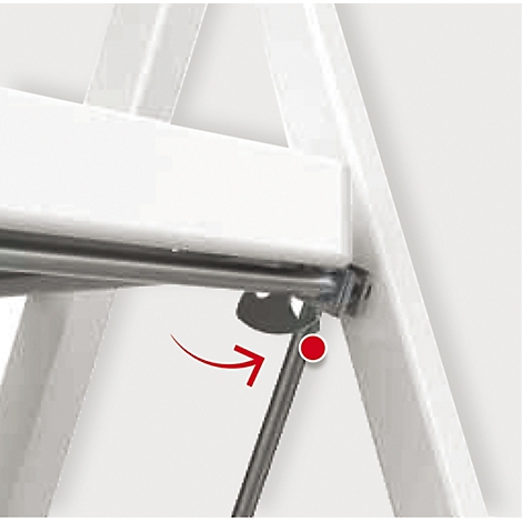 Detailansicht einer weissen Tischkonstruktion. Eine rote Pfeil-Illustration zeigt die Richtung einer Mechanik.