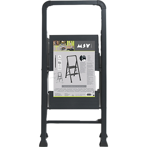 Graue Trittleiter. Aufkleber mit Produkt- und Markeninformationen. Metallrahmen und rutschfeste Trittflächen.