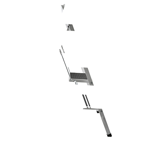 Zerlegte Trittleiter auf weissem Hintergrund. Die einzelnen Teile sind in der Luft angeordnet.