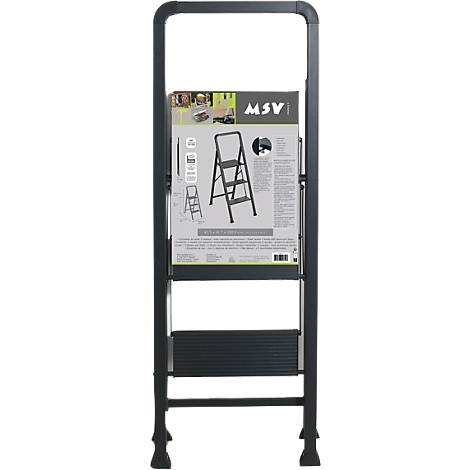 Graue Trittleiter mit Trittstufen und Haltegriff. Aufkleber mit Produktinformationen.