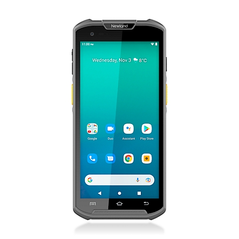 Handy mit Touchscreen. Auf dem Bildschirm sind Apps und Datum zu sehen.