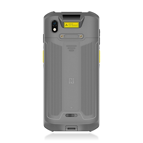 Graues Smartphone mit gelben Akzenten, Touchscreen, Datum und Uhrzeit, sowie Apps. Die Marke "Newland" ist zu sehen.