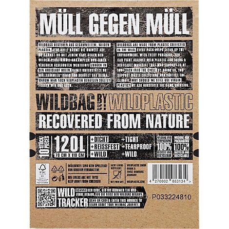 Braune Verpackung mit Aufschrift "Müll gegen Müll" und Produktinformationen, wie Volumen, Maße und Material.