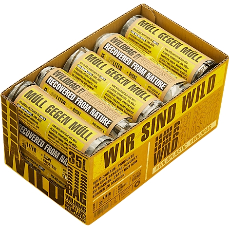 Eine gelbe Box mit mehreren Müllsäcken, auf denen "Müll gegen Müll" steht.