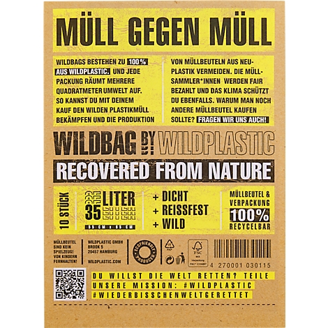 Braune Verpackung für Müllbeutel, gelbe Schrift. Aufschrift: Müll gegen Müll, Wildbag, Recovered from Nature.