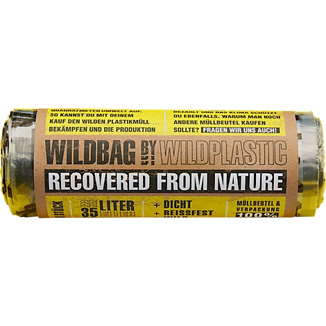 Gelbe Müllbeutel-Rolle mit schwarzem Text, darunter "WILDBAG BY WILDPLASTIC RECOVERED FROM NATURE".