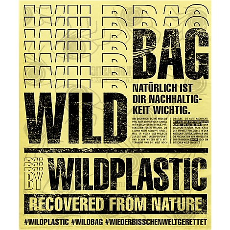 Gelbes Plakat mit schwarzem Schriftzug: WILD, BAG, WILPLASTIC, RECOVERED FROM NATURE. Text: Natürlich ist dir Nachhaltigkeit wichtig.