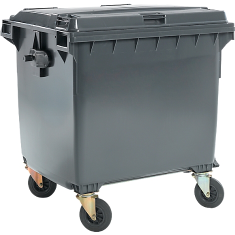 Grauer Müllcontainer mit Deckel und Rollen. Auf hellem Hintergrund.
