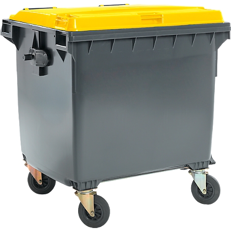 Grauer Müllcontainer mit gelbem Deckel auf Rollen.