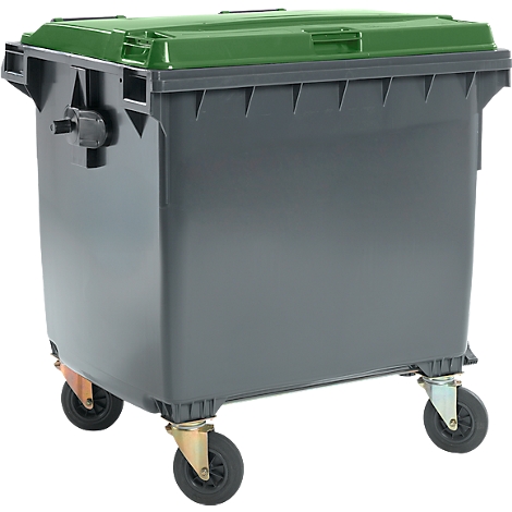Großer, grauer Müllcontainer mit grünem Deckel und Rollen.