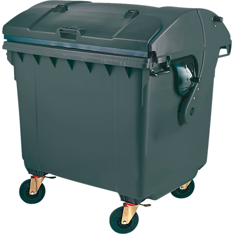 Grauer, rechteckiger Müllcontainer mit Deckel und Rollen.