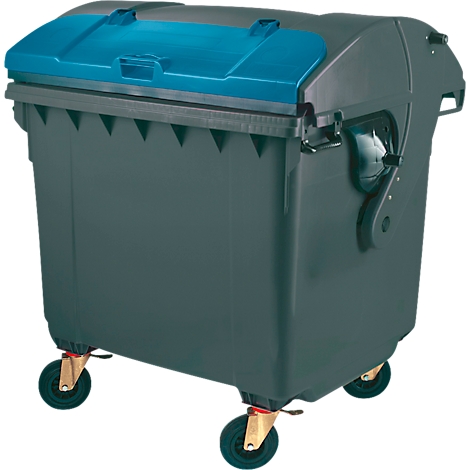 Grauer Müllcontainer mit blauem Deckel auf Rollen.