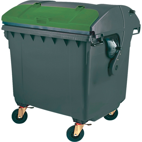 Dunkelgrauer Müllcontainer mit grünem Deckel, auf vier Rädern. Die Räder sind mit goldenen Halterungen befestigt.