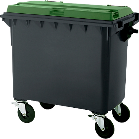 Dunkelgrauer Müllcontainer mit grünem Deckel auf Rädern.