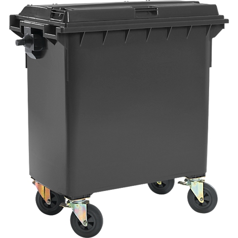Schwarzer Müllcontainer auf Rollen. Deckel geschlossen, Griffe links.