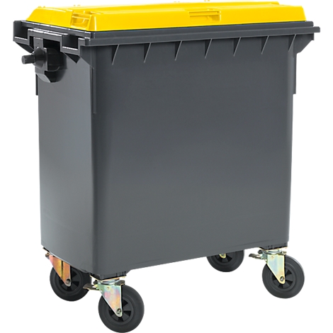 Grauer Müllcontainer mit gelbem Deckel und Rädern.