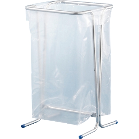 Müllsackständer mit transparentem Müllsack, silbernes Gestell, blaue Gummifüße.