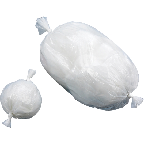 Zwei weiße Plastiktüten mit Knoten. Eine groß und länglich, die andere klein und rund.
