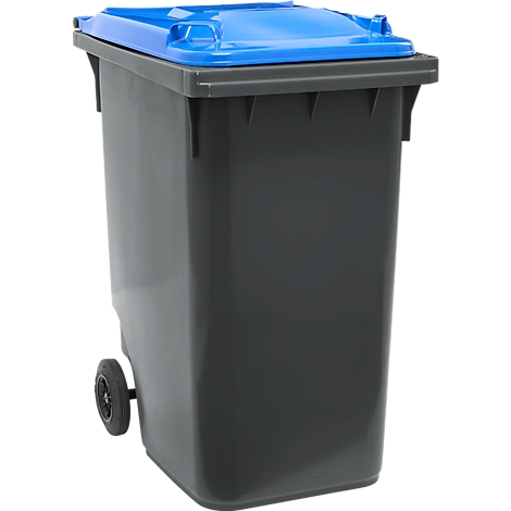 Graue Mülltonne mit blauem Deckel und zwei Rädern.