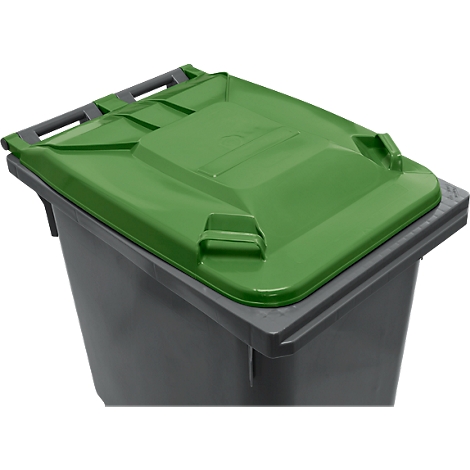 Grauer Müllcontainer mit grünem Deckel, teilweise geöffnet.