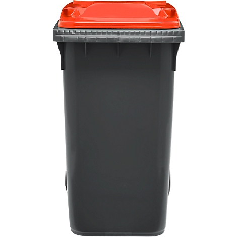 Grauer Müllcontainer mit rotem Deckel.