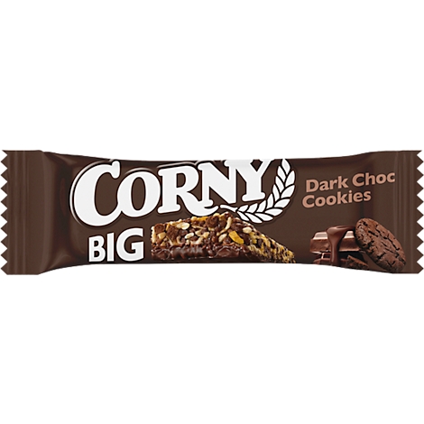 The packaging of a CORNY BIG bar featuring the text 'Dark Choc Cookies'. Brown and white tones dominate, with a design showing oats and chocolate elements.