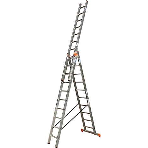 Folding aluminum ladder in A-shape, one side unfolded. It has orange elements.