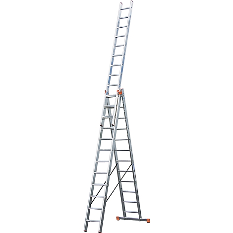 Multi-part aluminum ladder angled in the middle and standing on a surface.