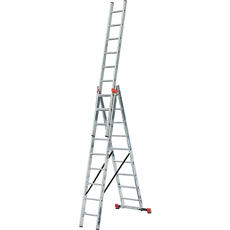 Multi-part silver ladder, partially unfolded. Red joints and foot caps, black bracing.