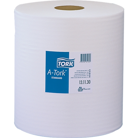 Large roll of white paper towel with a blue sticker 'TORK A-Tork Standard'.
