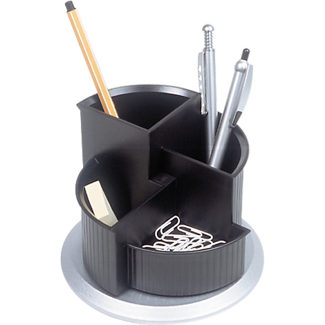 Black rotating desk organizer with pens, paper clips and a sticky note.