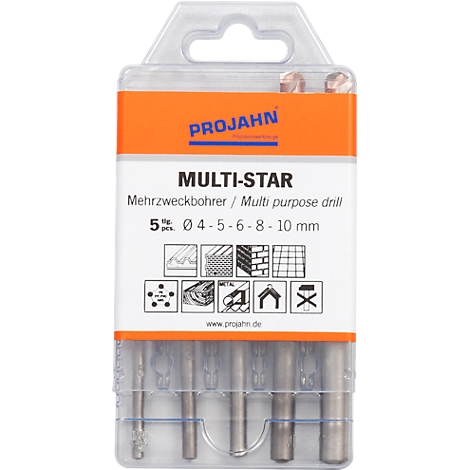 Five drill bits in a plastic case. Inscription: PROJAHN, MULTI-STAR, Mehrzweckbohrer, Ø4-5-6-8-10 mm. Logos for different materials.
