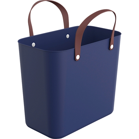 Blue rectangular storage basket with brown leather handles.