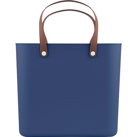 Navy blue tote bag with brown leather handles and white rivets.