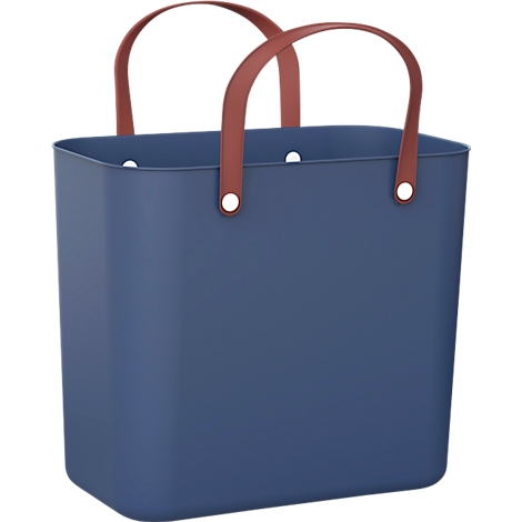 Dark blue tote bag with brown leather handles. Rectangular shape, handles attached at the top.