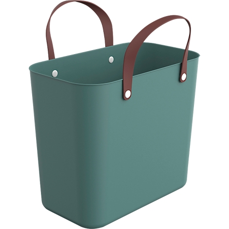 Green storage basket with brown leather handles. Small rivets secure the handles.