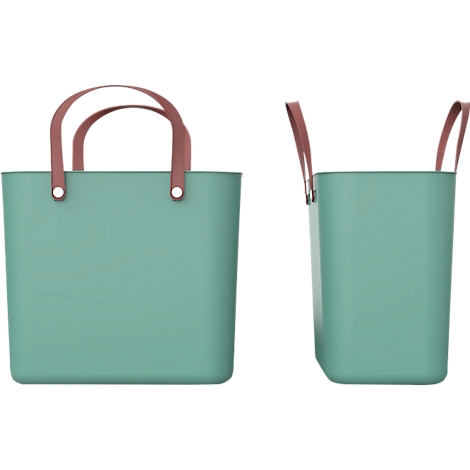 Turquoise shopping bag with brown handles, left view and side view.