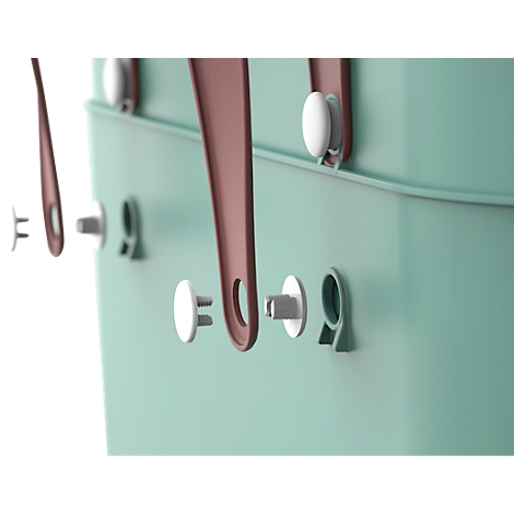 Close-up of a light green cooler with brown carrying straps and white closures that can be opened.