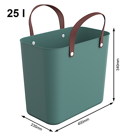 Green storage basket with brown handles and white buttons. Dimensions: 400mm x 235mm x 340mm. Capacity 25 liters.