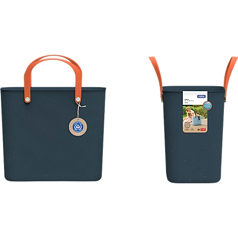 Two blue tote bags with orange handles. One bag is square, the other is rectangular and tall.