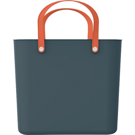 Dark blue tote bag with orange handles. The handles are attached to the bag with silver rivets.