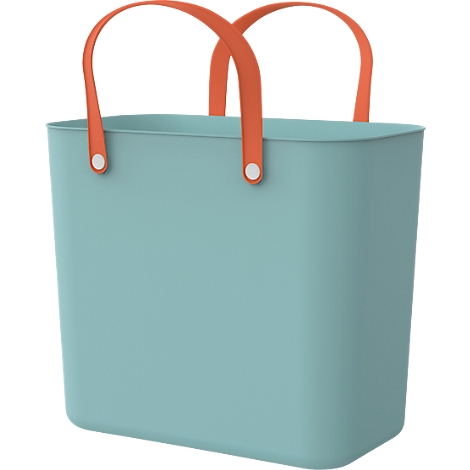 Turquoise shopping bag with orange handles and white rivets.