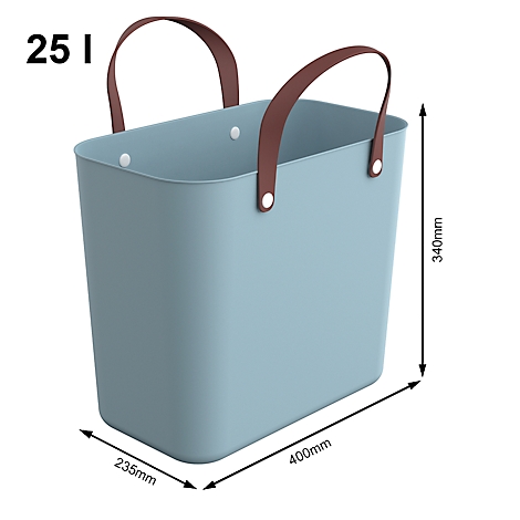 Light blue plastic tote bag, brown leather handles, dimensions and volume indicated.