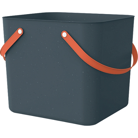 Dark gray square bucket with orange handles.