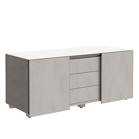Modern sideboard with grey textured body and white top, three drawers. Interior design.