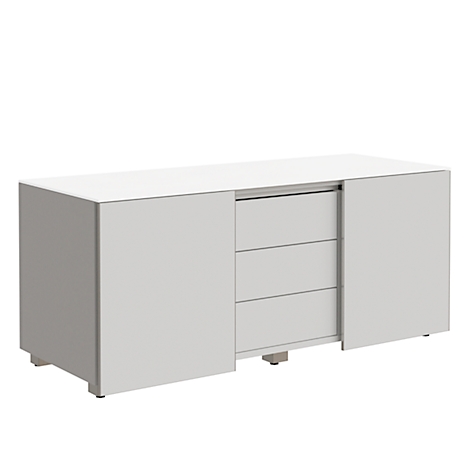 White sideboard with three drawers and two doors, against a white background.