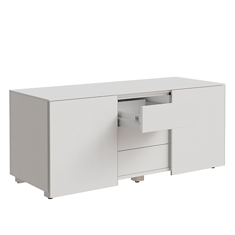 White dresser with drawer open. On a light background.