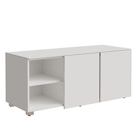 White sideboard with cabinet and two shelves. Two doors on the right.