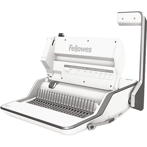 White Fellowes binding machine. "Fellowes" is written on top. Below a section with metal pins. Next to it a vertical white arm.